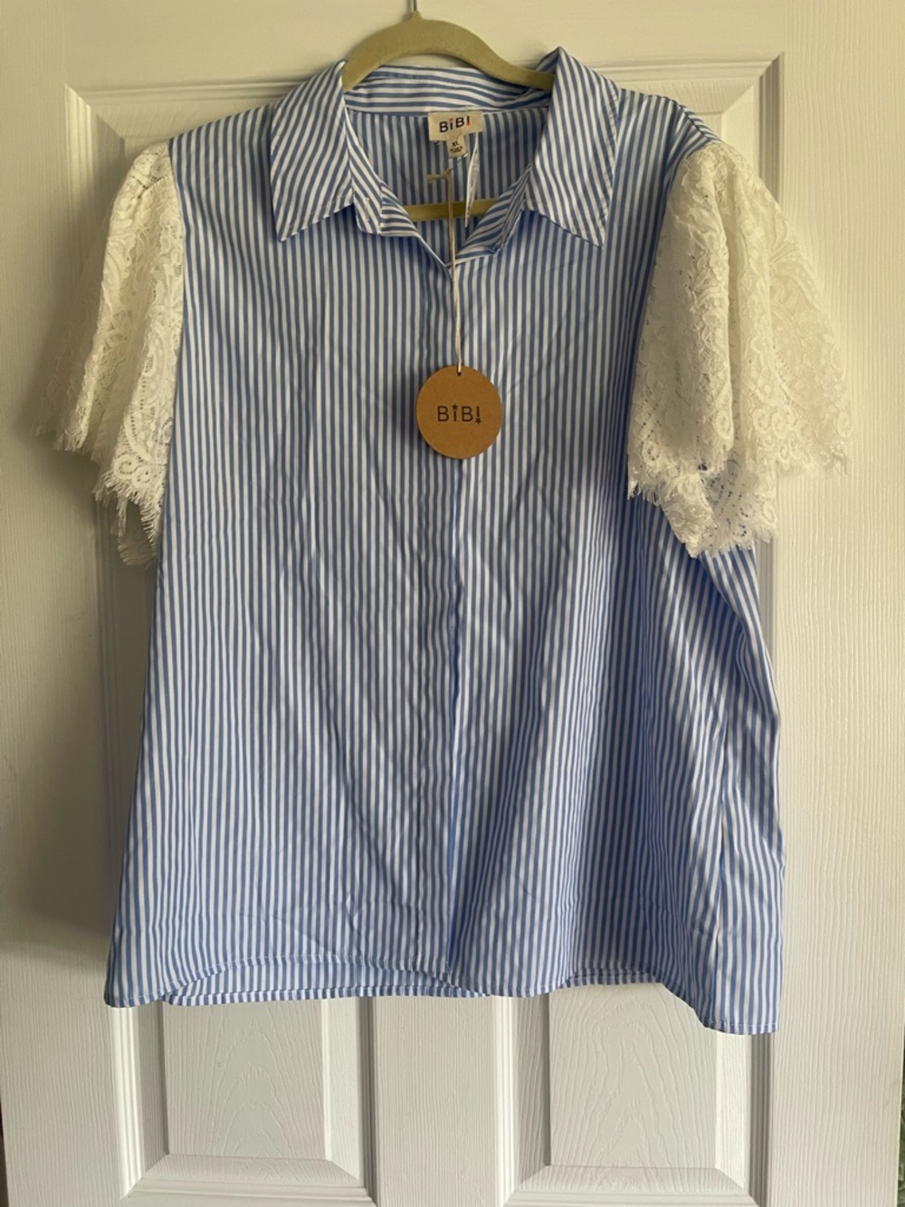 BiBi Blue & White Striped Top with White Lace Sleeves